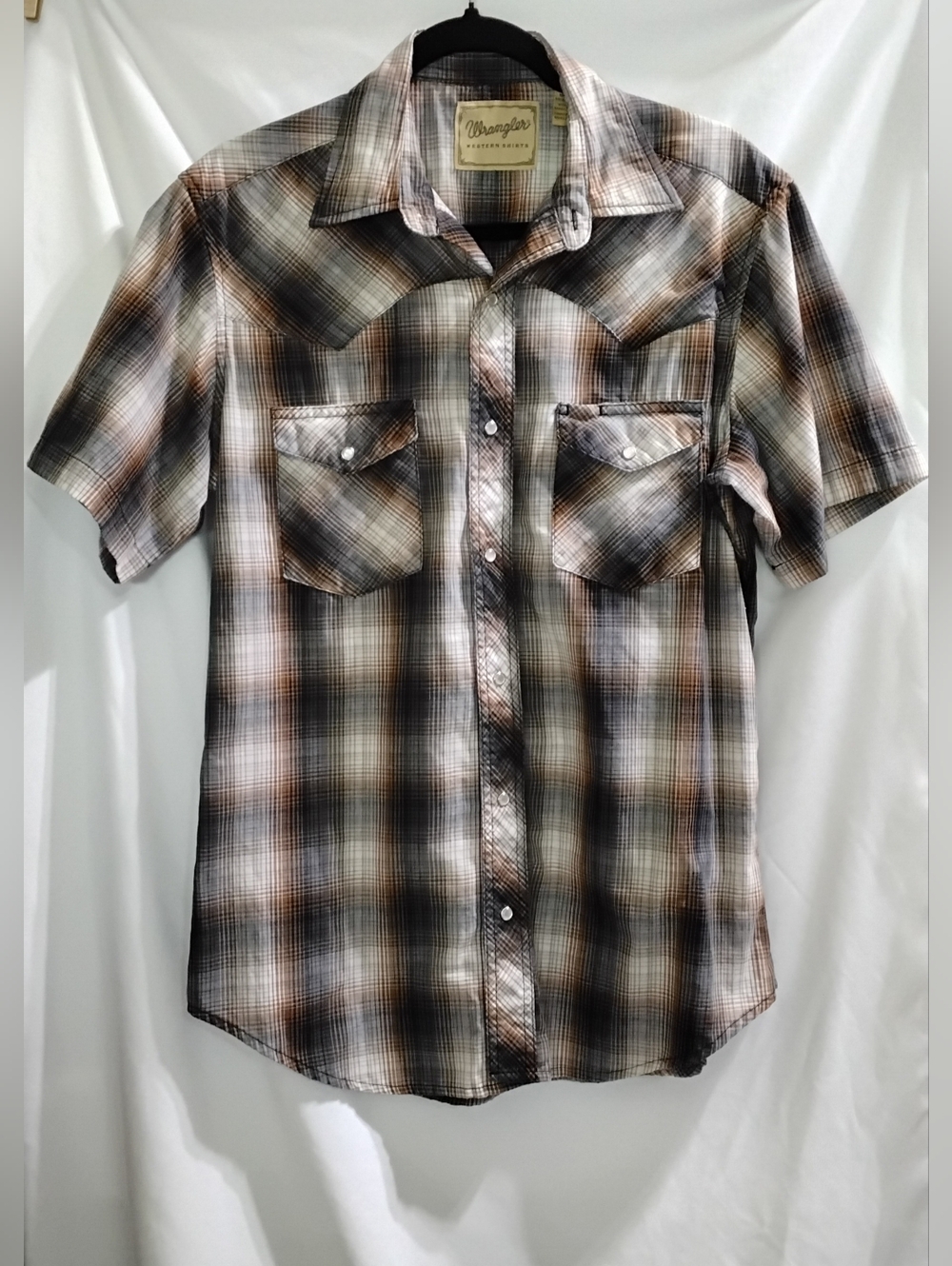 Wrangler Pearl Snap Mens Brown Plaid Short Sleeve Button Up Western Shirt Medium